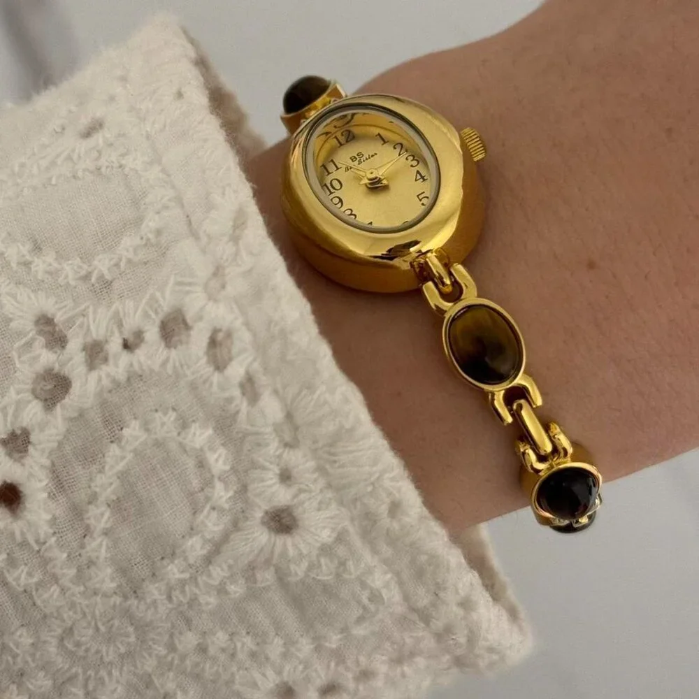 SKU:0007 cute gold white mini watch bracelet with‎ brown natural stone inserts